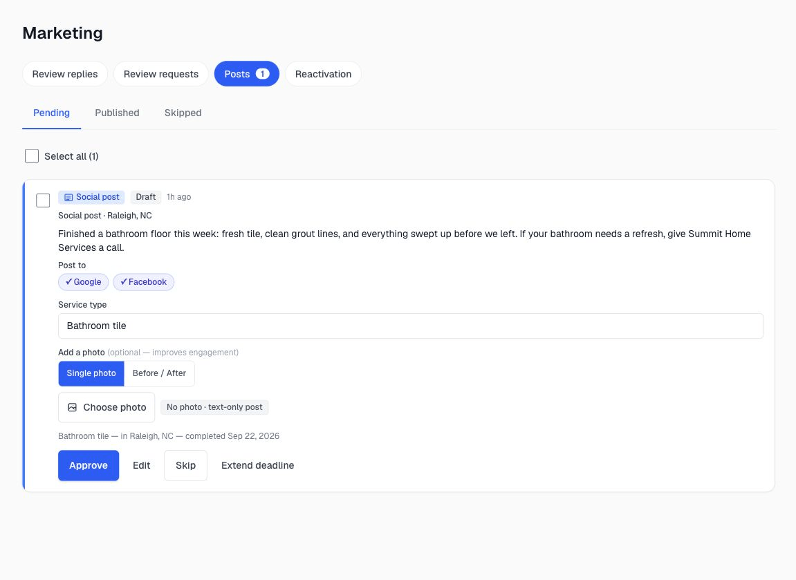 Review asks and posts wait for the owner's approval before they send
