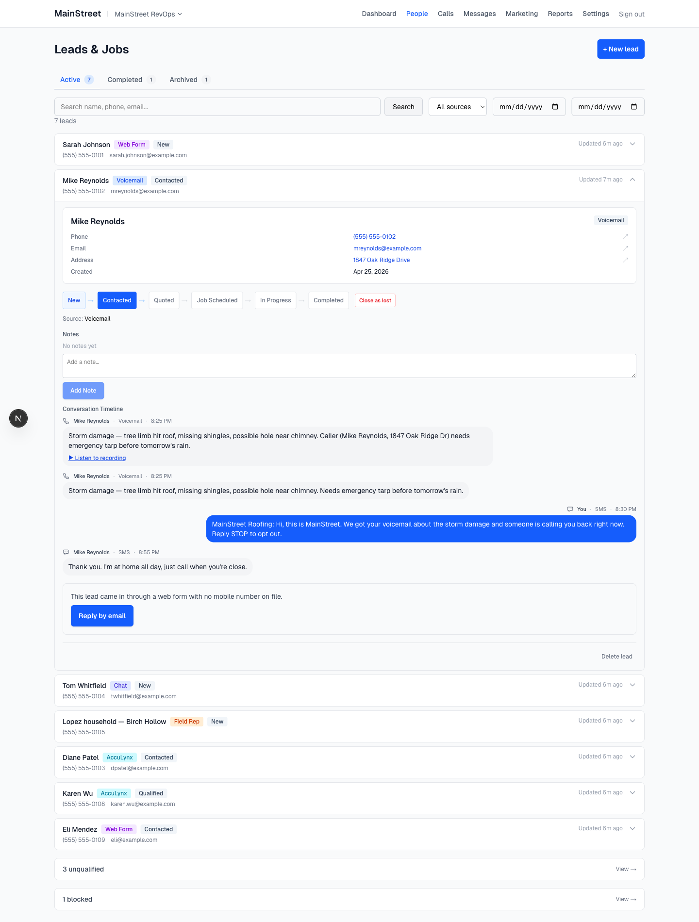 MainStreet lead detail showing a voicemail from Mike Reynolds — extracted name, phone, address, lifecycle status, AI summary, full transcription, and the SMS conversation already threaded